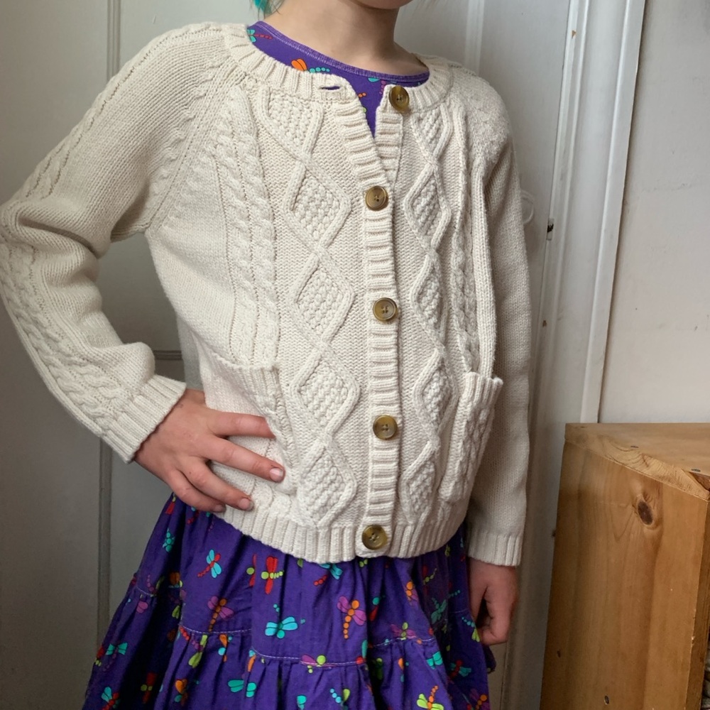 Girls Cotton/Wool Cream Cable Knit Cardigan